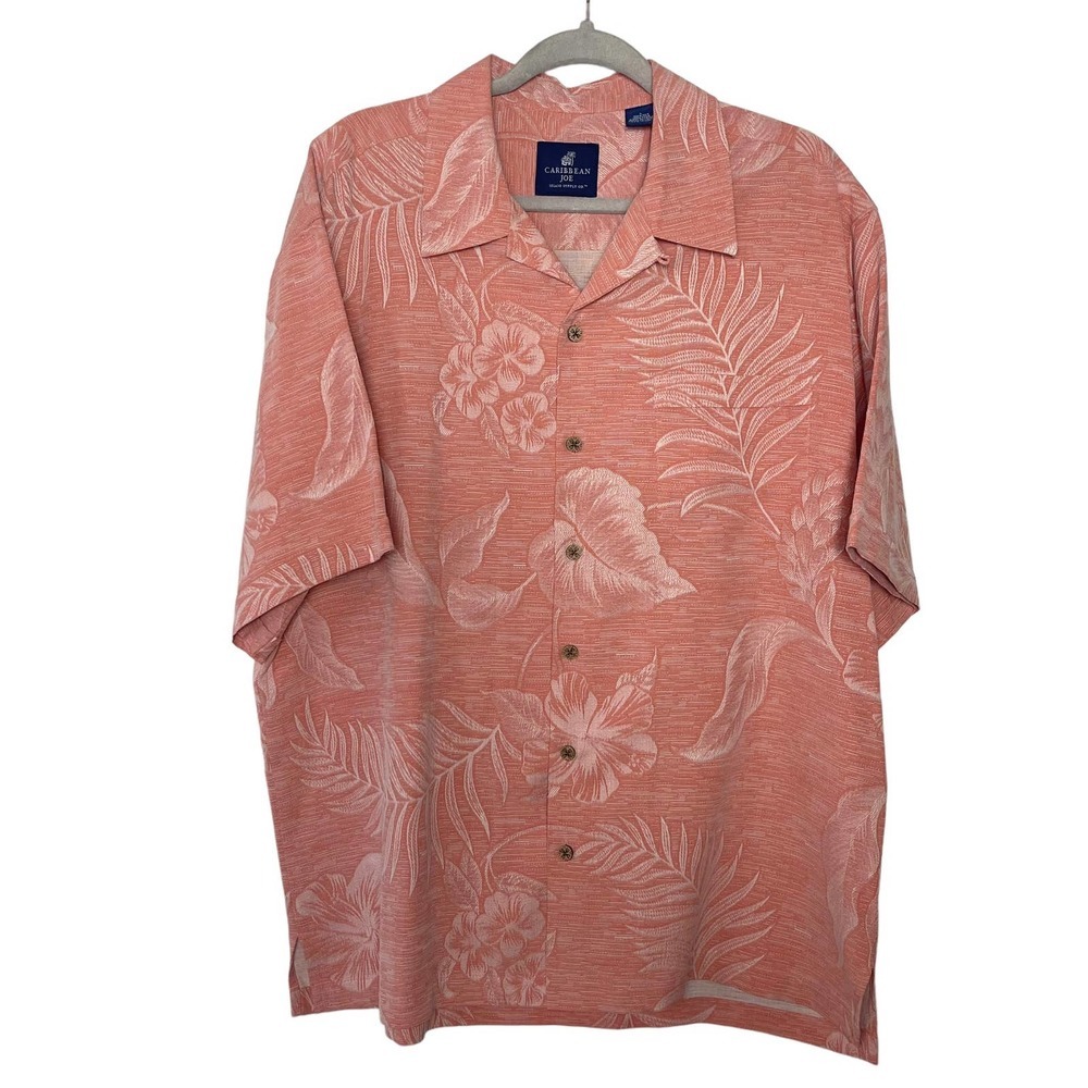 Caribbean Joe 100% Silk Salmon Color Hawaiian Floral Mens Shirt Size L